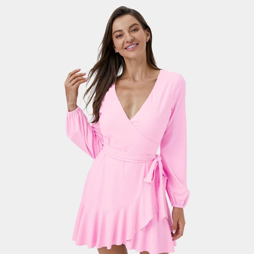 Softlyzero™ Deep V Neck Long Sleeve Wrapped Tie Ruffle Hem Mini Wrap Dress XL